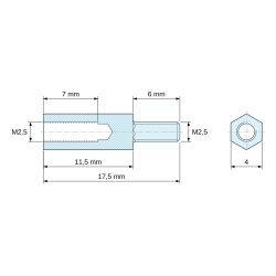 Disegno quotato 11,5 mm / 6 mm, Distanziatore esagonale filettato maschio/femmina ottone nichelato senza piombo M2,5 - 4 mm apertura chiave