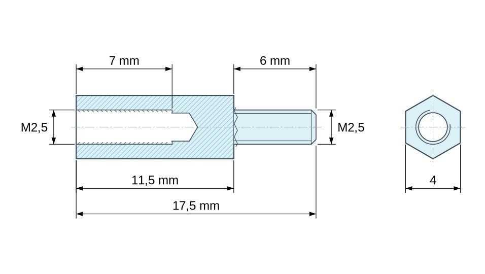 Disegno quotato Distanziatore esagonale filettato maschio/femmina ottone nichelato senza piombo M2,5 - 4 mm apertura chiave