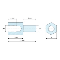 Disegno quotato 7 mm / 6 mm, Distanziatore esagonale filettato maschio/femmina ottone nichelato senza piombo M3 - 5 mm apertura chiave