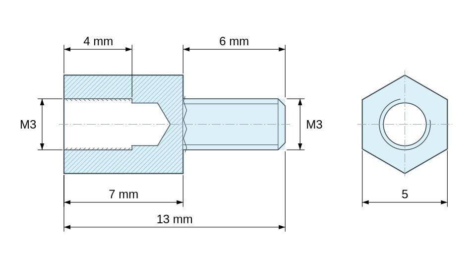 Disegno quotato Distanziatore esagonale filettato maschio/femmina ottone nichelato senza piombo M3 - 5 mm apertura chiave