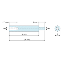 Disegno quotato 30 mm / 6 mm, Distanziatore esagonale filettato maschio/femmina ottone nichelato senza piombo M3 - chiave da 5 mm
