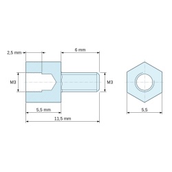 Disegno quotato 5,5 mm / 6 mm, Distanziatore esagonale filettato maschio/femmina ottone nichelato senza piombo M3 - 5,5 mm apertura chiave