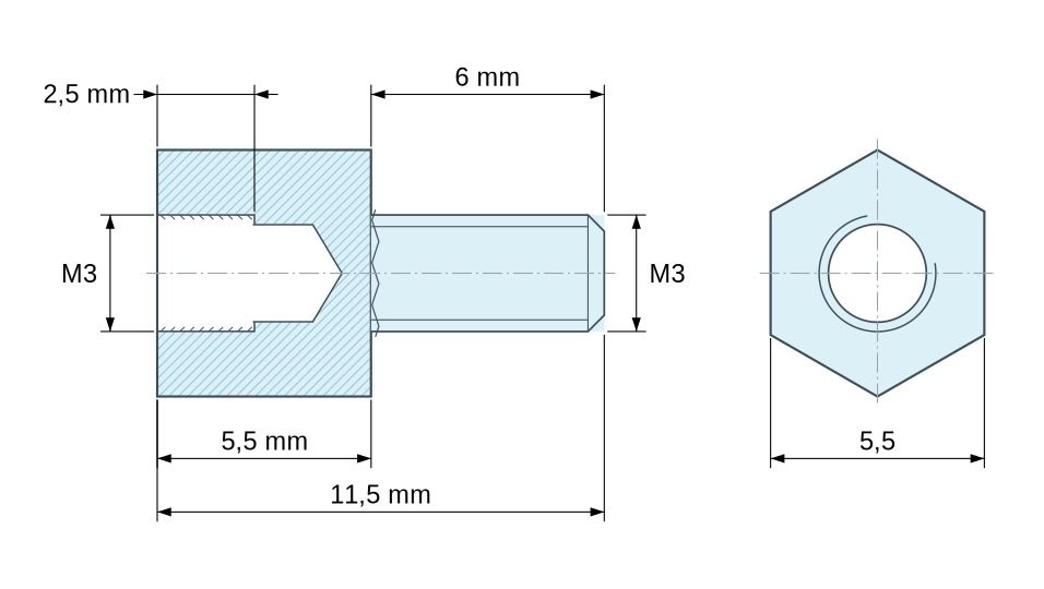 Disegno quotato Distanziatore esagonale filettato maschio/femmina ottone nichelato senza piombo M3 - 5,5 mm apertura chiave