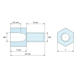 Disegno quotato 7 mm / 8 mm, Distanziatore esagonale filettato maschio/femmina ottone nichelato senza piombo M4 - 7 mm apertura chiave