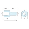 Disegno quotato 7 mm / 8 mm, Distanziatore esagonale filettato maschio/femmina ottone nichelato senza piombo M4 - 7 mm apertura chiave