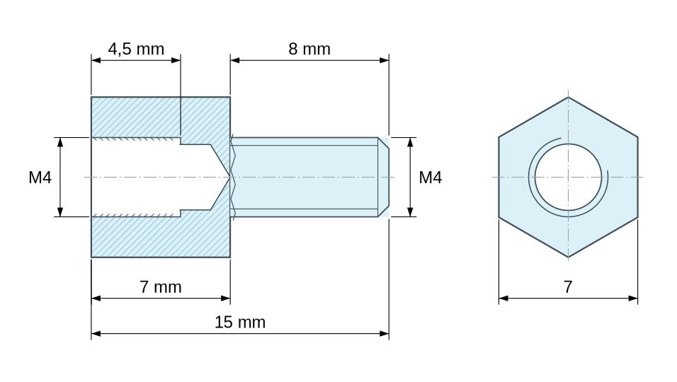 Disegno quotato Distanziatore esagonale filettato maschio/femmina ottone nichelato senza piombo M4 - 7 mm apertura chiave