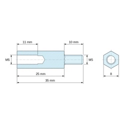 Disegno quotato 25 mm / 10 mm, Distanziatore esagonale filettato maschio/femmina ottone nichelato senza piombo M5 - 8 mm apertura chiave