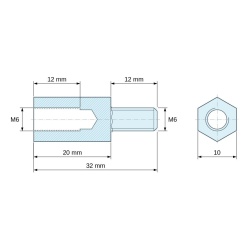 Disegno quotato 20 mm / 12 mm, Distanziatore esagonale filettato maschio/femmina ottone nichelato senza piombo M6 - 10 mm apertura chiave