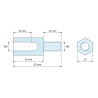 Disegno quotato 20 mm / 12 mm, Distanziatore esagonale filettato maschio/femmina ottone nichelato senza piombo M6 - 10 mm apertura chiave