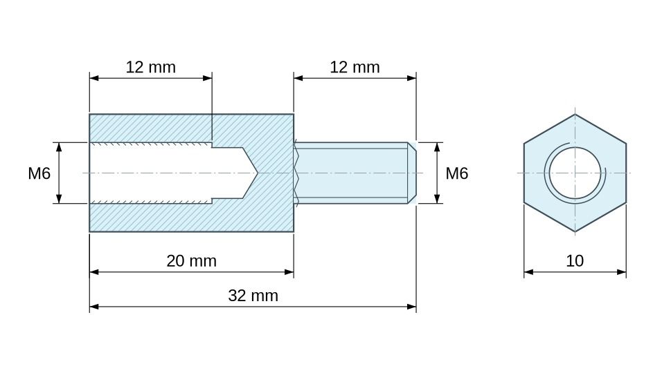 Disegno quotato Distanziatore esagonale filettato maschio/femmina ottone nichelato senza piombo M6 - 10 mm apertura chiave
