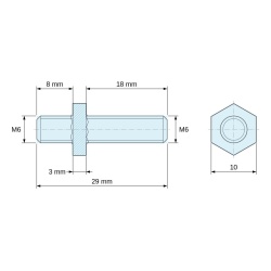 Disegno quotato 3 mm / 8 / 18 mm, Distanziatore esagonale filettato maschio/maschio ottone nichelato al piombo M6 - 10 mm apertura chiave, gambi da 8 e 18 mm