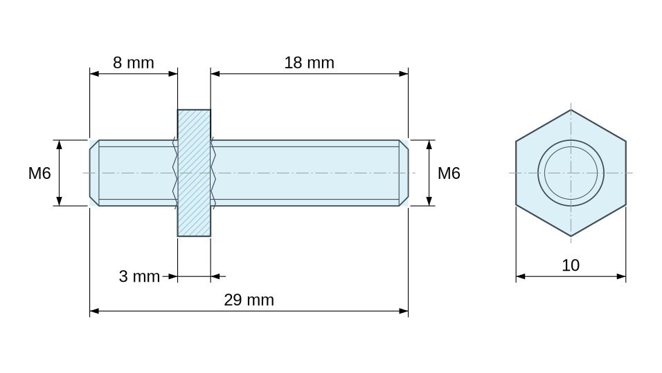 Disegno quotato Distanziatore esagonale filettato maschio/maschio ottone nichelato al piombo M6 - 10 mm apertura chiave, gambi da 8 e 18 mm