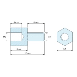 Disegno quotato 6 mm / 6 mm, Distanziatore esagonale filettato maschio/femmina plastica poliammide PA6.6 naturale UL94-V2 M3 - 5,5 mm apertura chiave