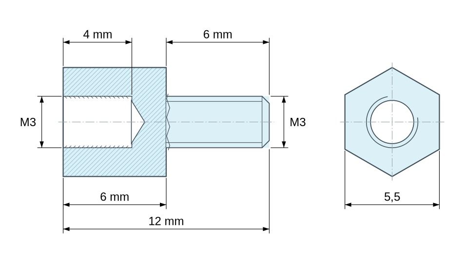 Disegno quotato Distanziatore esagonale filettato maschio/femmina plastica poliammide PA6.6 naturale UL94-V2 M3 - 5,5 mm apertura chiave