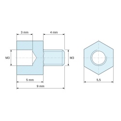 Disegno quotato 5 mm / 4 mm, Distanziatore esagonale filettato maschio/femmina plastica poliammide PA6.6 UL94-V2 M3 - 5,5 mm apertura chiave