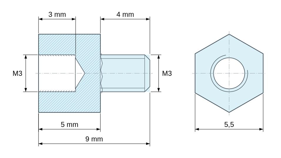 Disegno quotato Distanziatore esagonale filettato maschio/femmina plastica poliammide PA6.6 UL94-V2 M3 - 5,5 mm apertura chiave
