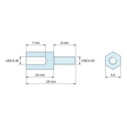 Disegno quotato 10 mm / 8 mm, Distanziatore esagonale filettato maschio/femmina plastica poliammide PA6.6 UL94-HB UNC4-40 - 5,5 mm apertura chiave