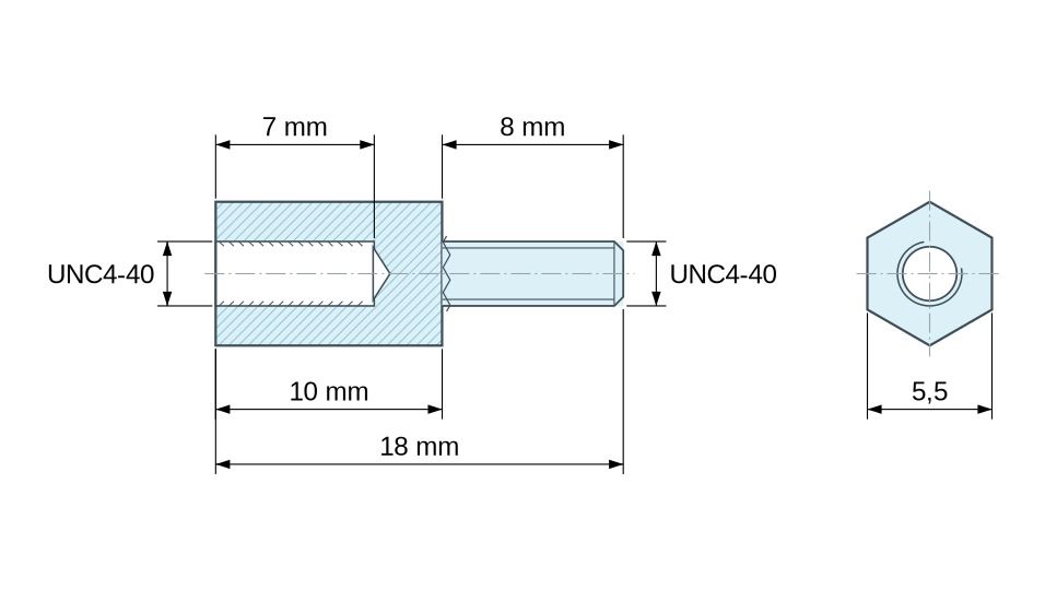Disegno quotato Distanziatore esagonale filettato maschio/femmina plastica poliammide PA6.6 UL94-HB UNC4-40 - 5,5 mm apertura chiave