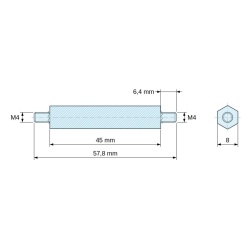 Disegno quotato 45 mm / 6,4 mm, Distanziatore esagonale filettato maschio/maschio plastica poliammide PA6.6 UL94-HB M4 - 8 mm apertura chiave