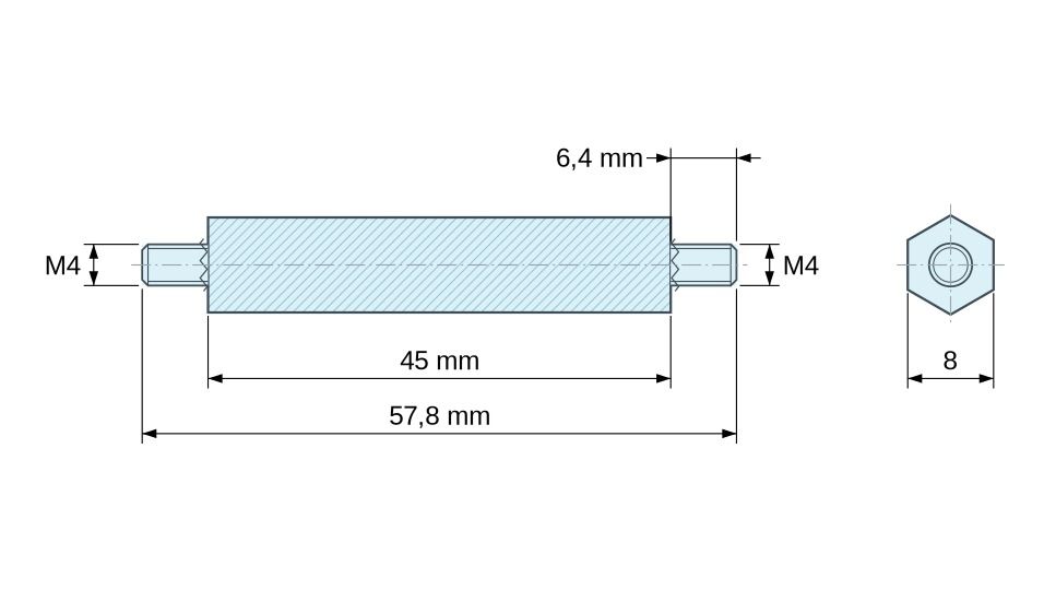 Disegno quotato Distanziatore esagonale filettato maschio/maschio plastica poliammide PA6.6 UL94-HB M4 - 8 mm apertura chiave