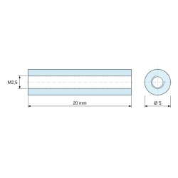 Disegno quotato 20 mm, Distanziatore tonda filettato femmina/femmina plastica poliacetale POM bianco UL94-HB M2,5 - Ø5 mm