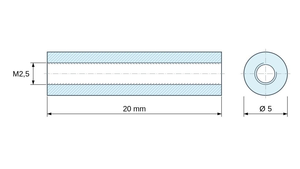 Disegno quotato Distanziatore tonda filettato femmina/femmina plastica poliacetale POM bianco UL94-HB M2,5 - Ø5 mm Disegno quotato Distanziatore tonda filettato femmina/femmina plastica poliacetale POM bianco UL94-HB M2,5 - Ø5 mm