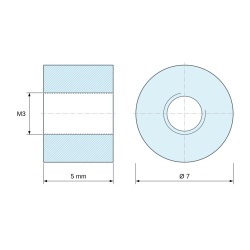 Disegno quotato 5 mm, Distanziatore tonda filettato femmina/femmina plastica poliammide PA6 rinforzata con fibra di vetro UL94-V2 M3 - Ø7 mm