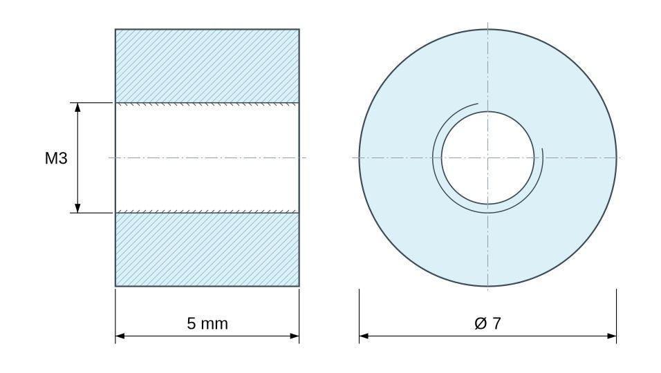 Disegno quotato Distanziatore tonda filettato femmina/femmina plastica poliammide PA6 rinforzata con fibra di vetro UL94-V2 M3 - Ø7 mm