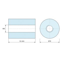 Disegno quotato 11 mm, Distanziatore tonda filettato femmina/femmina plastica poliammide PA6 rinforzata con fibra di vetro UL94-HB M3 - Ø8 mm
