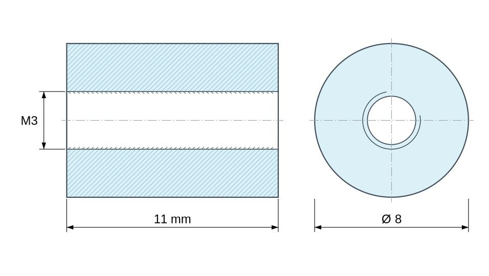 Disegno quotato Distanziatore tonda filettato femmina/femmina plastica poliammide PA6 rinforzata con fibra di vetro UL94-HB M3 - Ø8 mm