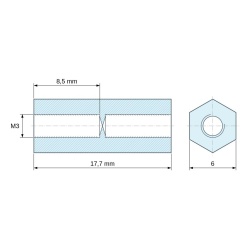 Disegno quotato 17,7 mm, Distanziatore esagonale filettato femmina/femmina plastica poliammide PA6.6 rinforzata con fibra di vetro UL94-V0 M3 - 6 mm aper