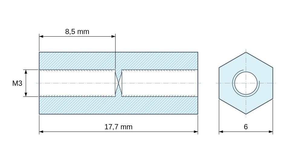 Disegno quotato Distanziatore esagonale filettato femmina/femmina plastica poliammide PA6.6 rinforzata con fibra di vetro UL94-V0 M3 - 6 mm aper