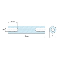 Disegno quotato 40 mm, Distanziatore esagonale filettato femmina/femmina plastica poliammide PA6 rinforzata con fibra di vetro UL94-HB M4 - 7 mm apertu