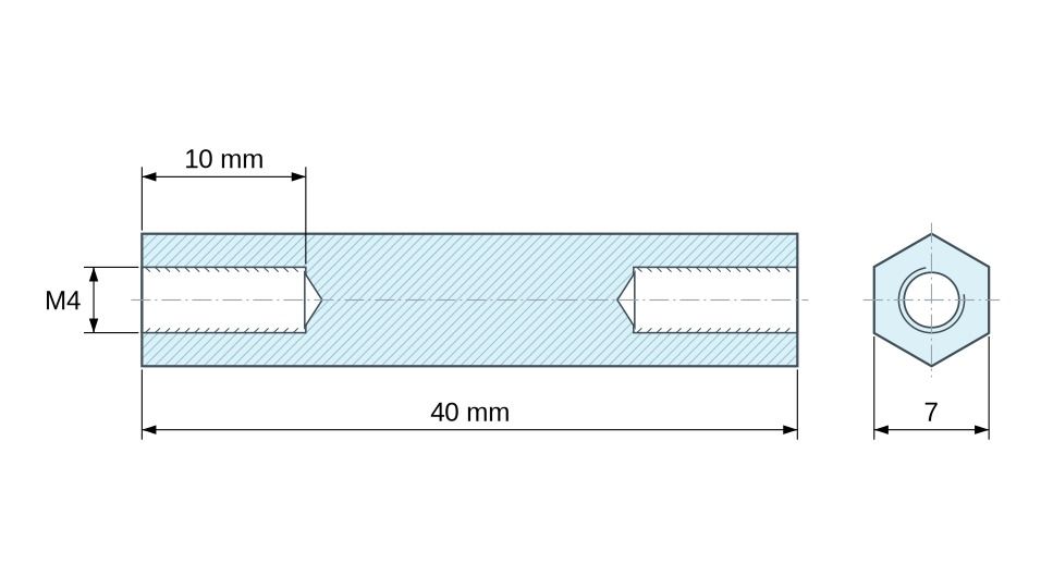 Disegno quotato Distanziatore esagonale filettato femmina/femmina plastica poliammide PA6 rinforzata con fibra di vetro UL94-HB M4 - 7 mm apertu