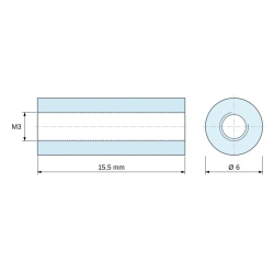 Disegno quotato 15,5 mm, Distanziatore tonda filettato femmina/femmina plastica poliammide PA6 rinforzata con fibra di vetro bianco UL94-V2 M3 - Ø6 mm