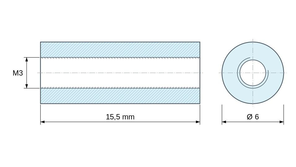 Disegno quotato Distanziatore tonda filettato femmina/femmina plastica poliammide PA6 rinforzata con fibra di vetro bianco UL94-V2 M3 - Ø6 mm