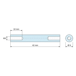 Disegno quotato 42 mm, Distanziatore tonda filettato femmina/femmina plastica poliammide PA6 rinforzata con fibra di vetro bianco UL94-HB M3 - Ø6 mm