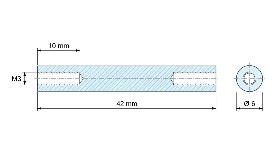 Disegno quotato Distanziatore tonda filettato femmina/femmina plastica poliammide PA6 rinforzata con fibra di vetro bianco UL94-HB M3 - Ø6 mm