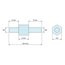 Disegno quotato 6 mm / 6 / 8 mm, Distanziatore esagonale filettato maschio/maschio acciaio zincato blu M3 - chiave da 5,5 mm, gambi da 6 e 8 mm