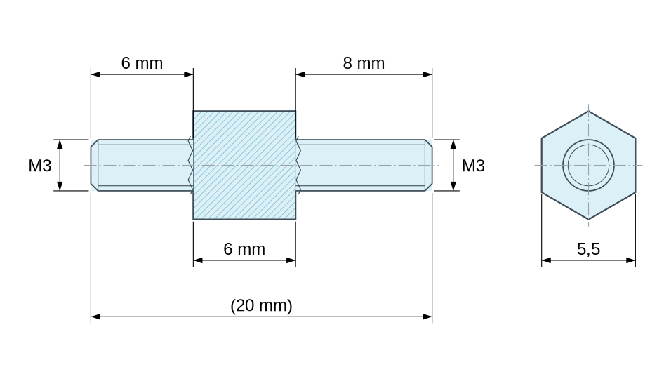 Disegno quotato Distanziatore esagonale filettato maschio/maschio acciaio zincato blu M3 - chiave da 5,5 mm, gambi da 6 e 8 mm Disegno quotato Distanziatore esagonale filettato maschio/maschio acciaio zincato blu M3 - chiave da 5,5 mm, gambi da 6 e 8 mm