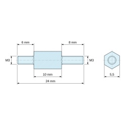 Disegno quotato 10 mm / 6 / 8 mm, Distanziatore esagonale filettato maschio/maschio acciaio zincato blu M3 - 5,5 mm apertura chiave, gambi da 6 e 8 mm
