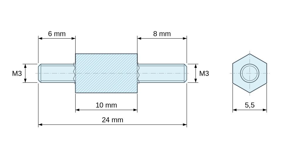 Disegno quotato Distanziatore esagonale filettato maschio/maschio acciaio zincato blu M3 - 5,5 mm apertura chiave, gambi da 6 e 8 mm