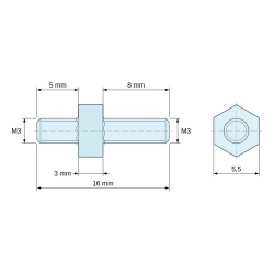 Disegno quotato 3 mm / 5 / 8 mm, Distanziatore esagonale filettato maschio/maschio acciaio zincato M3 - 5,5 mm apertura chiave, gambi da 5 e 8 mm