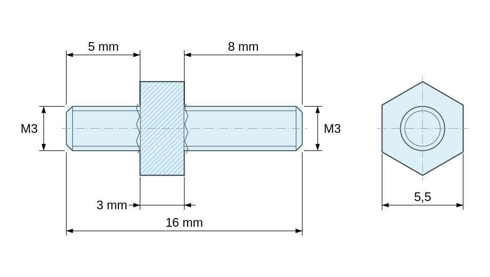 Disegno quotato Distanziatore esagonale filettato maschio/maschio acciaio zincato M3 - 5,5 mm apertura chiave, gambi da 5 e 8 mm