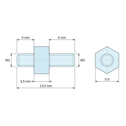 Disegno quotato 3,5 mm / 4 / 6 mm, Distanziatore esagonale filettato maschio/maschio acciaio zincato M3 - 5,5 mm apertura chiave, gambi da 4 e 6 mm