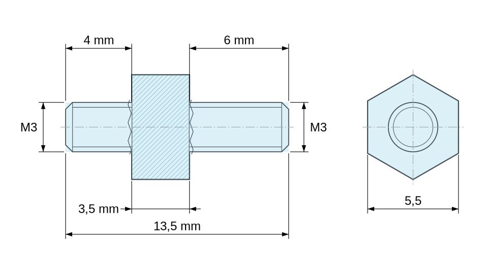 Disegno quotato Distanziatore esagonale filettato maschio/maschio acciaio zincato M3 - 5,5 mm apertura chiave, gambi da 4 e 6 mm