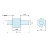 Disegno quotato 5 mm / 3,6 / 6 mm, Distanziatore esagonale filettato maschio/maschio acciaio zincato M3 - 5,5 mm apertura chiave, gambi da 3,6 e 6 mm