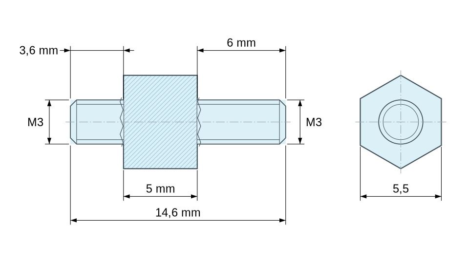 Disegno quotato Distanziatore esagonale filettato maschio/maschio acciaio zincato M3 - 5,5 mm apertura chiave, gambi da 3,6 e 6 mm