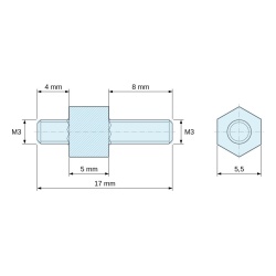 Disegno quotato 5 mm / 4 / 8 mm, Distanziatore esagonale filettato maschio/maschio acciaio zincato M3 - 5,5 mm apertura chiave, gambi da 4 e 8 mm
