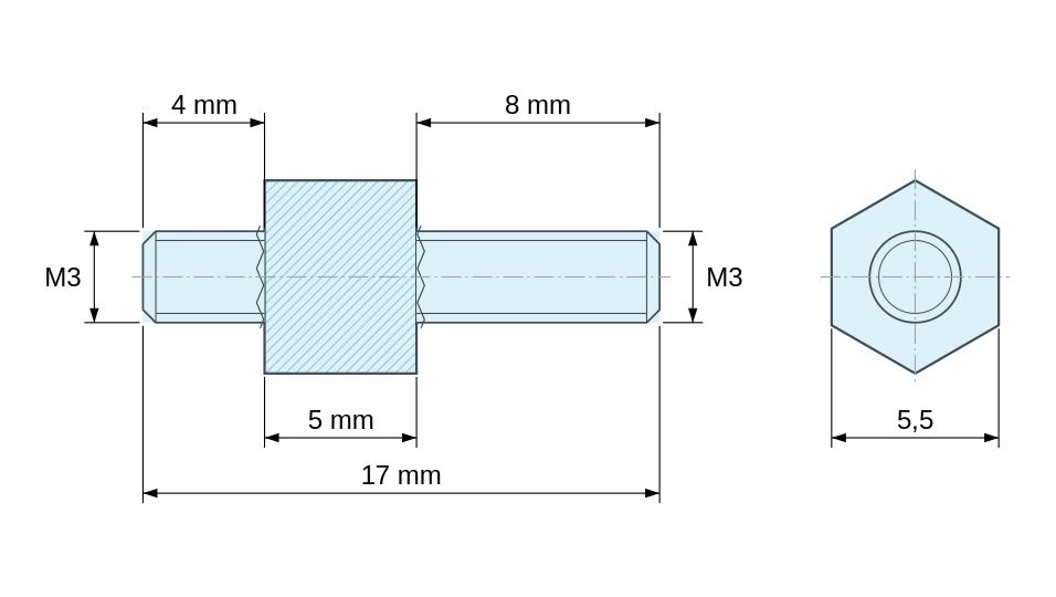 Disegno quotato Distanziatore esagonale filettato maschio/maschio acciaio zincato M3 - 5,5 mm apertura chiave, gambi da 4 e 8 mm